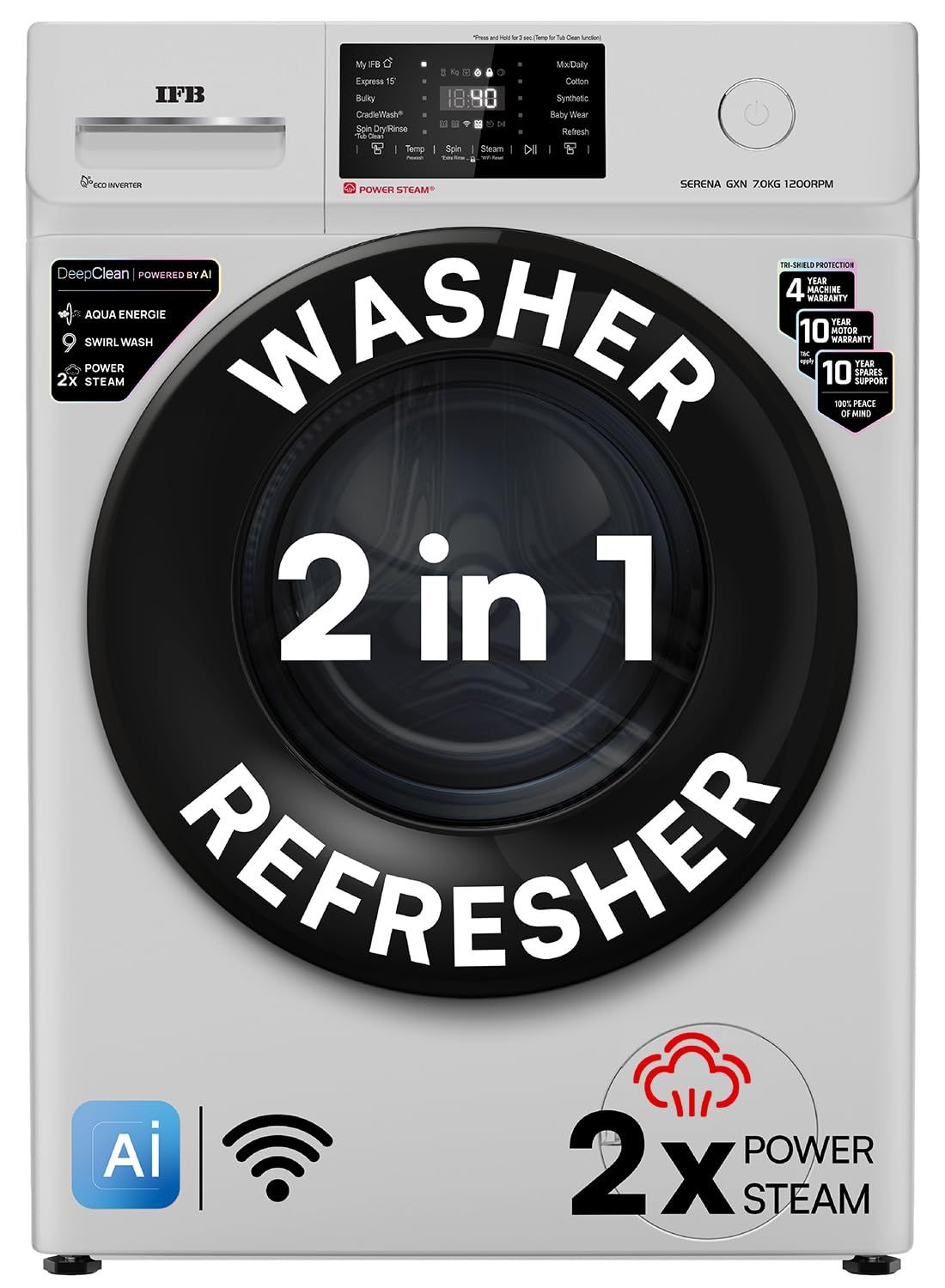 IFB 7 Kg 5 Star, DeepClean Technology, AI Powered, WiFi, Fully Automatic Front Load Washing Machine (SERENA GXN 7012 CMS, PowerSteam, 9 Swirl, Steam Refresh, Inbuilt Heater, Eco Inverter, Grey) IFB 7 Kg 5 Star, DeepClean Technology, AI Powered, WiFi, Ful