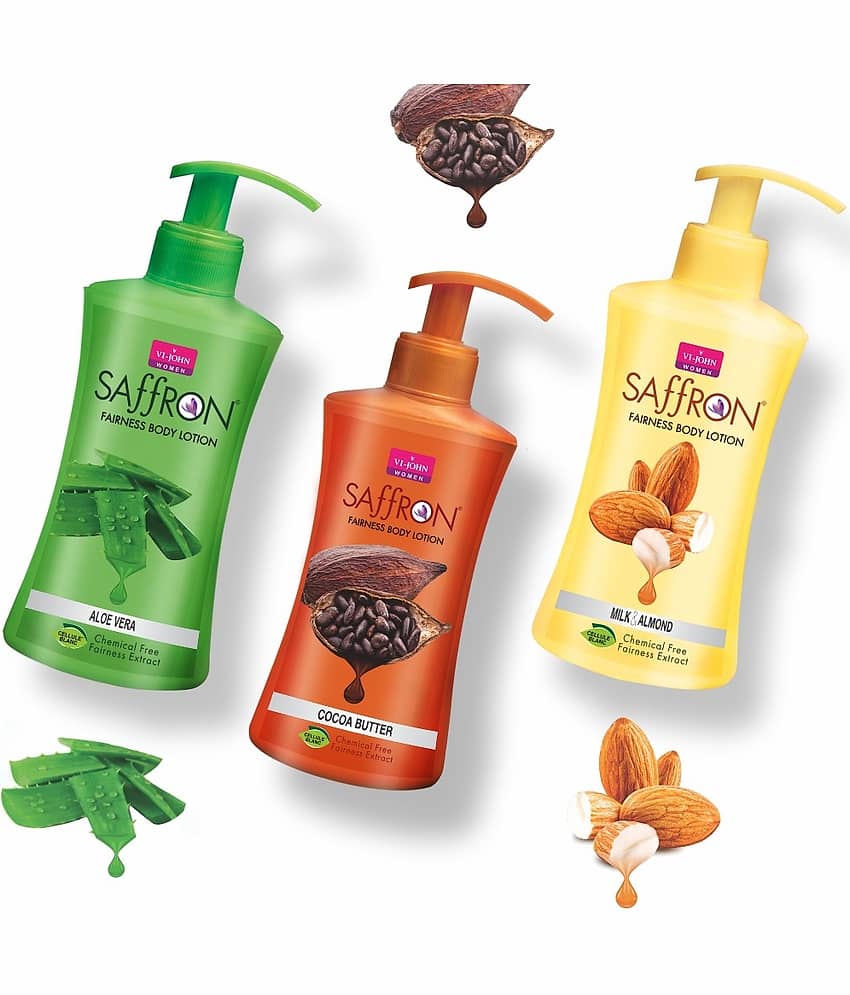 VI-JOHN Saffron Fairness Body Lotion Milk Almond ,Aloevera & Cocoa Butte 250ml Pack of 3