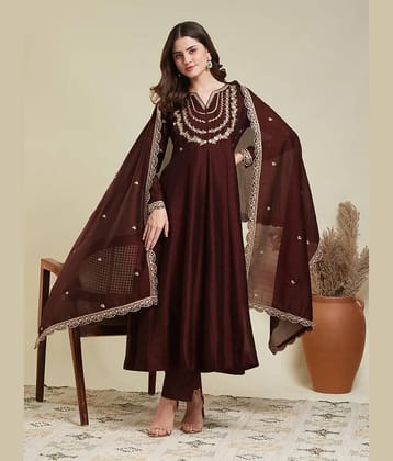 THE PRIVATE LABLE Women Silk Embroidered Anarkali Kurti With Pants ( Maroon )