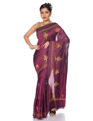 Pinkish Maroon Ilkal Saree - Art Silk Saree with Kasuti Embroidery