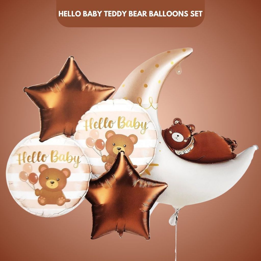 Hello Baby Teddy Bear & Stars Balloon - 5PC - Party and Festive Needs | Buy online on ZillyBuy