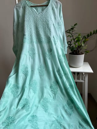 Muslin Chikankari Kurti - Green Ombre-Green / Muslin / XL