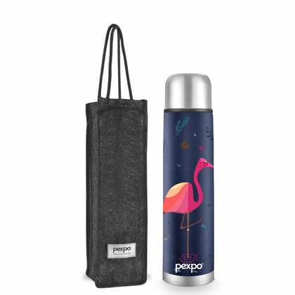 Pexpo Stainless Steel 24 Hrs Hot & Cold Vacuum Insulated ISI Certified Flask with Jute Bag, 500ml, Denim Blue with Printed Design, Flamingo | Eco-Friendly, Leakproof