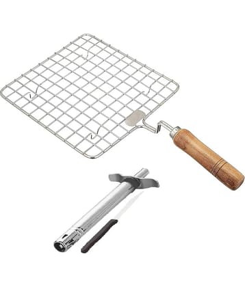 Combo Pack of 3 ,Stainless Steel Roaster with Wooden Handle & Gas Lighter plus1 Knife  | Multipurpose Papad Jali, Roti Grill, and Chapati Roaster for Gas Stove