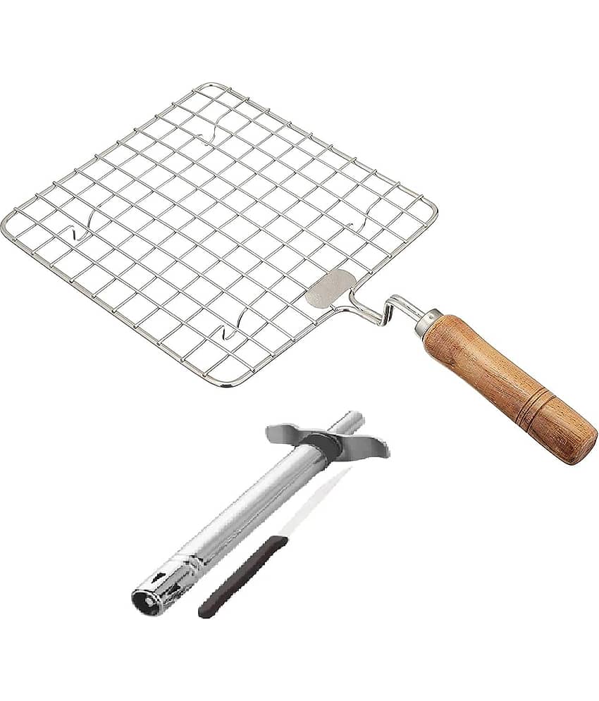 Combo Pack of 3 ,Stainless Steel Roaster with Wooden Handle & Gas Lighter plus1 Knife  | Multipurpose Papad Jali, Roti Grill, and Chapati Roaster for Gas Stove