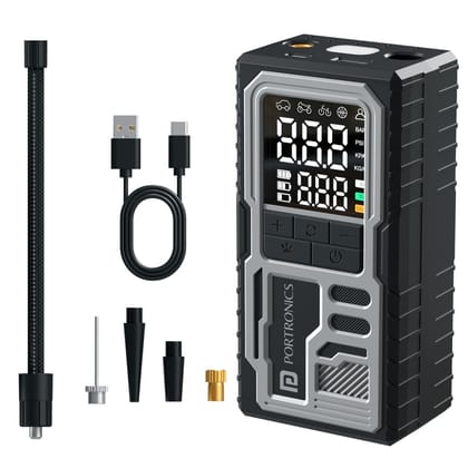Portronics Vayu 10 Portable & Rechargeable Tyre Inflator, Type-C Fast Charging, LED Display, Auto Shut-Off, For Car, Bike & Sports Balls