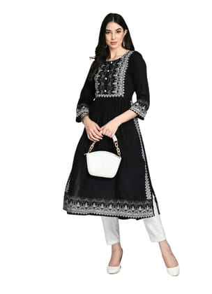 Women's Casual Rayon 3-4th Sleeves Kurti (Black, XL)-PID63379