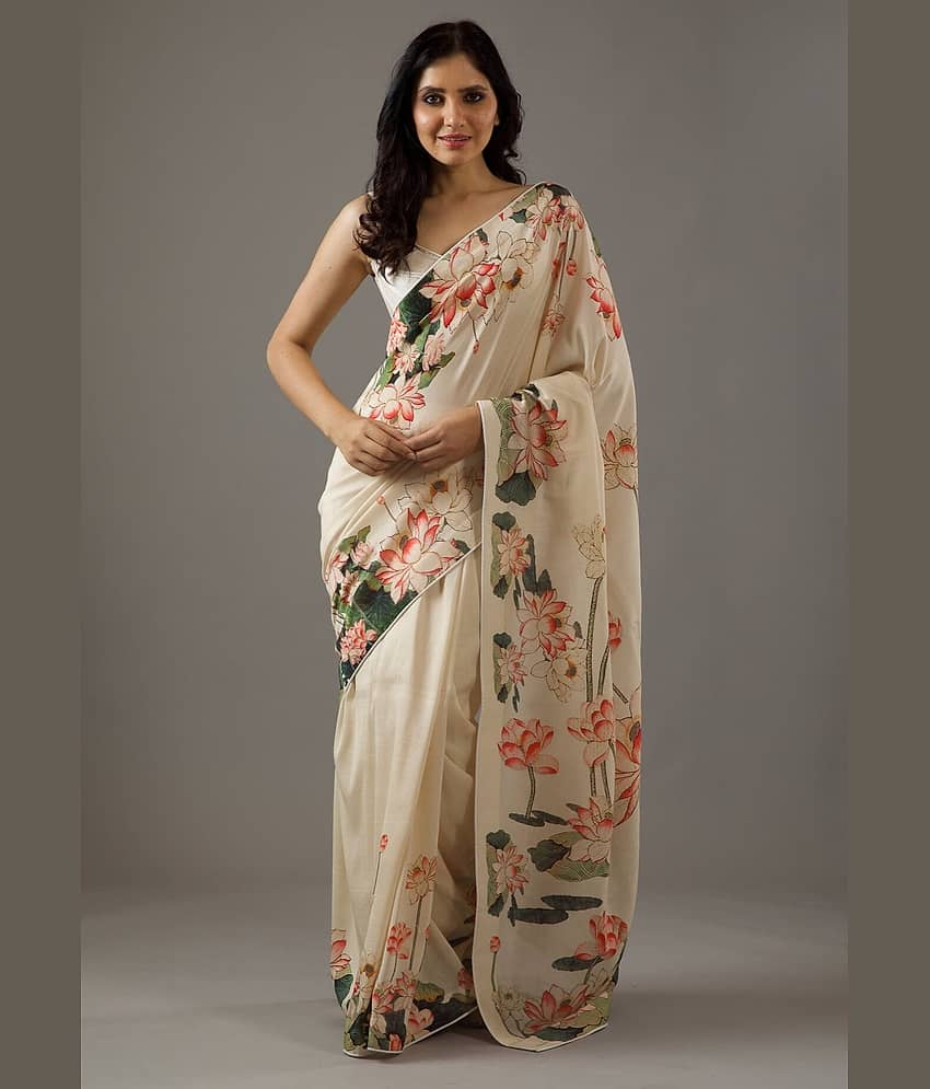 BLEESBURY Satin Printed Saree With Unstitched Blouse Piece ( Cream )