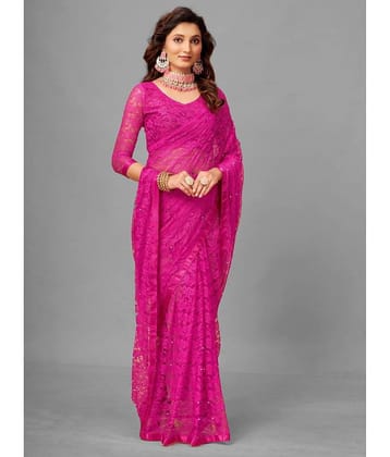 VANRAJ CREATION Brasso Self Design Saree With Unstitched Blouse Piece ( Pink )