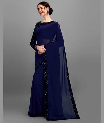A TO Z CART Banarasi Silk Embellished Saree With Unstitched Blouse Piece ( Navy Blue )
