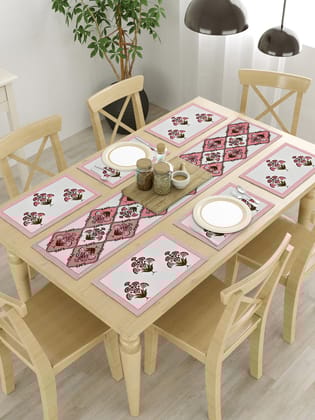 Handblock Printed Canvas Cotton Table Runner With Set Of 6 Mats-Cotton / Handblock / 6 Seater