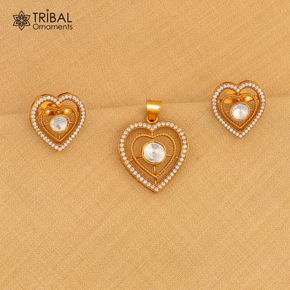 925 sterling silver heart shape white kundan stone polki charm necklace set stylish jewelry set744