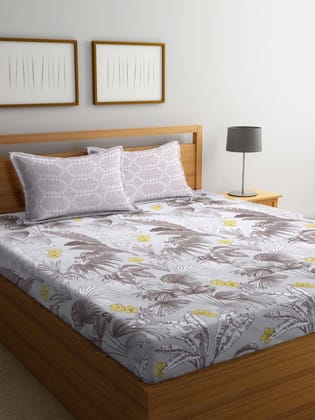 Brown & Yellow Floral 300 TC Flat King Bedsheet with 2 Pillow Covers
