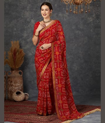 Satrani Georgette Printed Saree With Unstitched Blouse Piece ( Red )