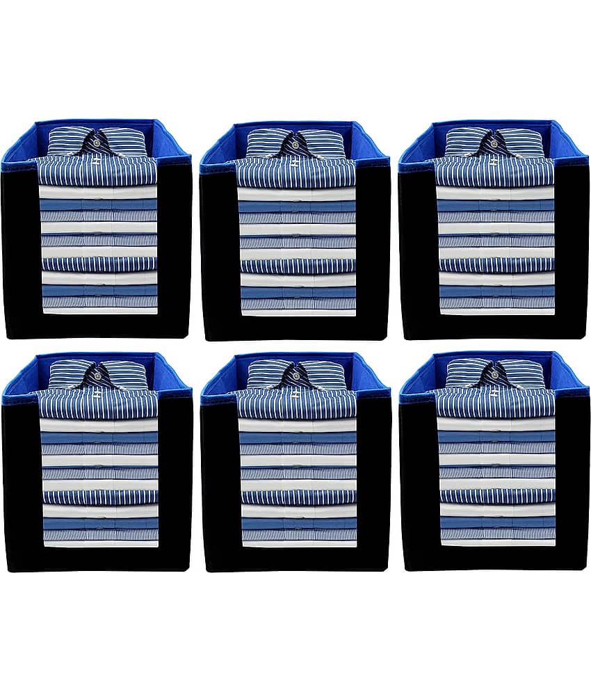 SH. NASIMA Foldable Non Woven Shirt Stacker Wardrobe Organizer With Side Handle (Pack of 6, Medium, Blue Black)