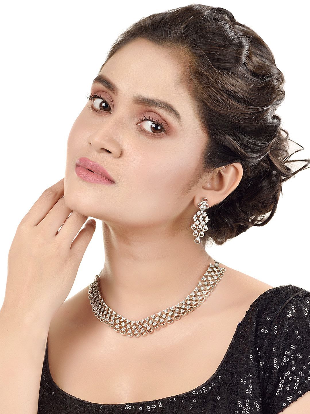 White Rhodium plated Unique Design AD studded Necklace Earrings Girls