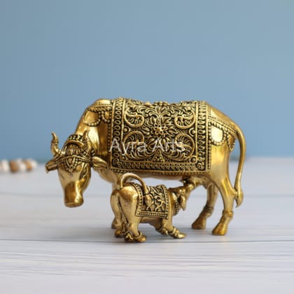 Premium Brass Surabhi Cow And Calf Idol - 3.5 Inch Height