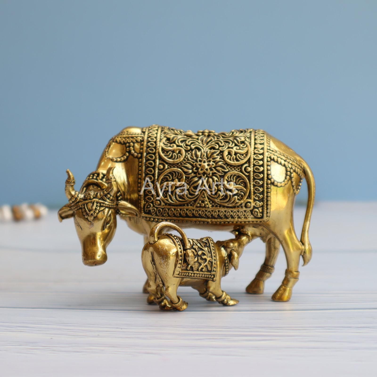 Premium Brass Surabhi Cow And Calf Idol - 3.5 Inch Height