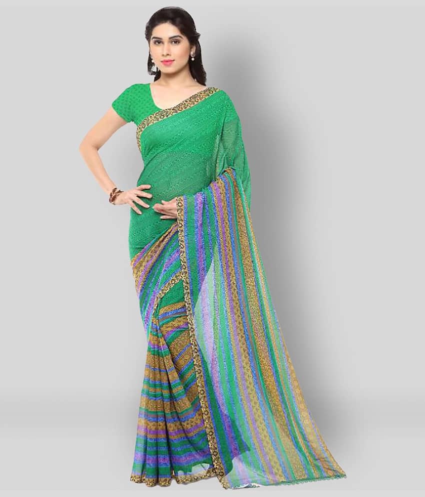ANAND SAREES Georgette Striped Saree With Unstitched Blouse Piece ( Green )