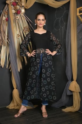 OWO THE LABEL Women Dress Long Black Colour Dress With Front Slit Pattern (OTL-DRS1094)-Black / S