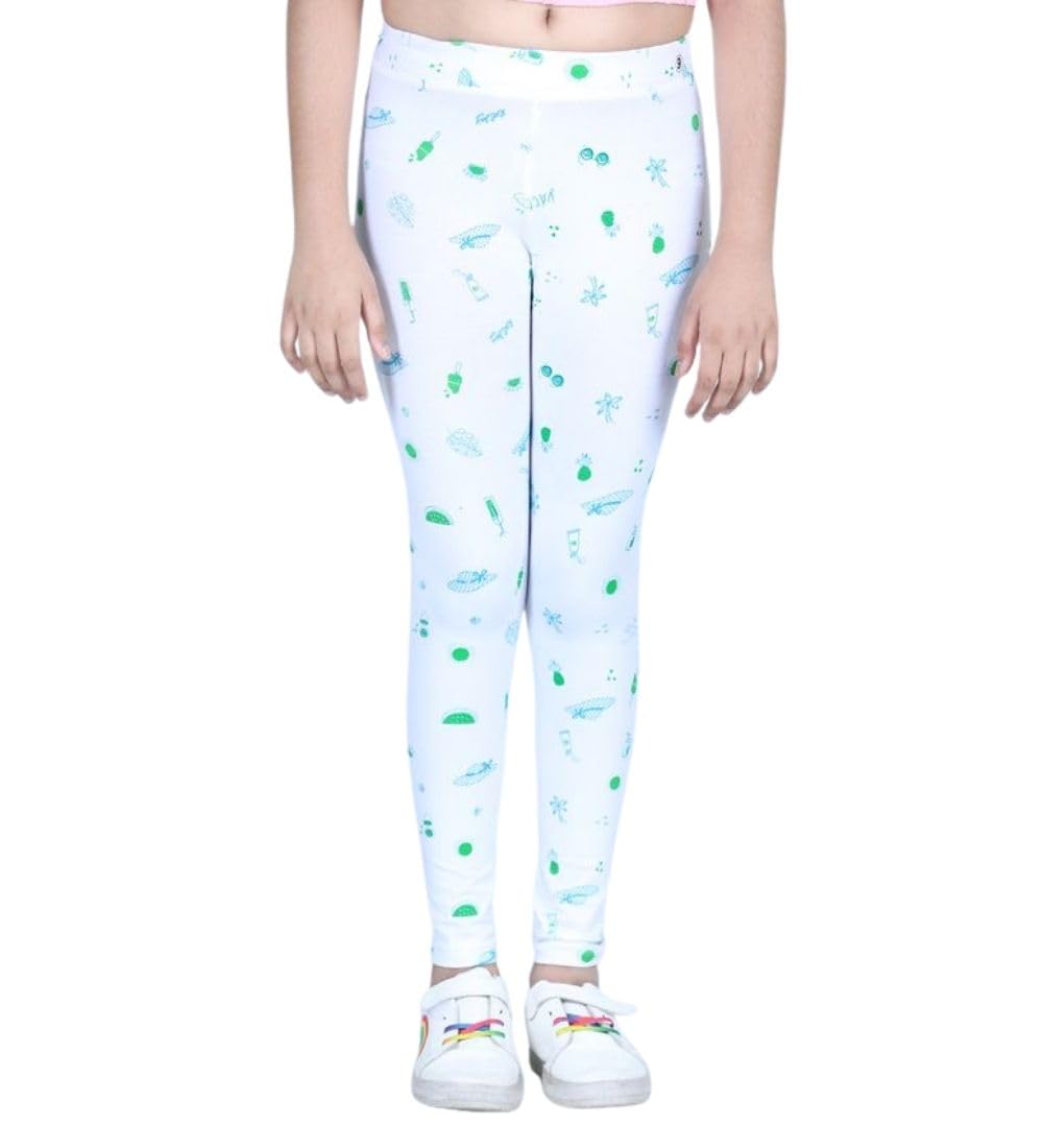 Girl's Cotton Blended Printed Elasticated Leggings (White, 8-9-Yrs)-PID66137