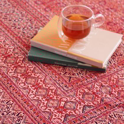 Red Ajrakh with Kantha Bedcover | Artisan-Made 100% Cotton Bedspread-Red