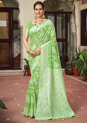 Jasmine Green Woven Lucknowi Linen Silk Saree