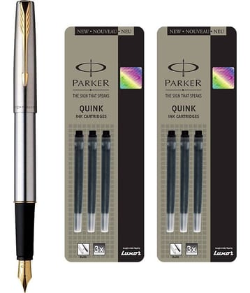 Parker Frontier Stainless Steel Gt Fountain Pen With 6 Black Quink Ink Cartridge (Pack Of 3, Black)