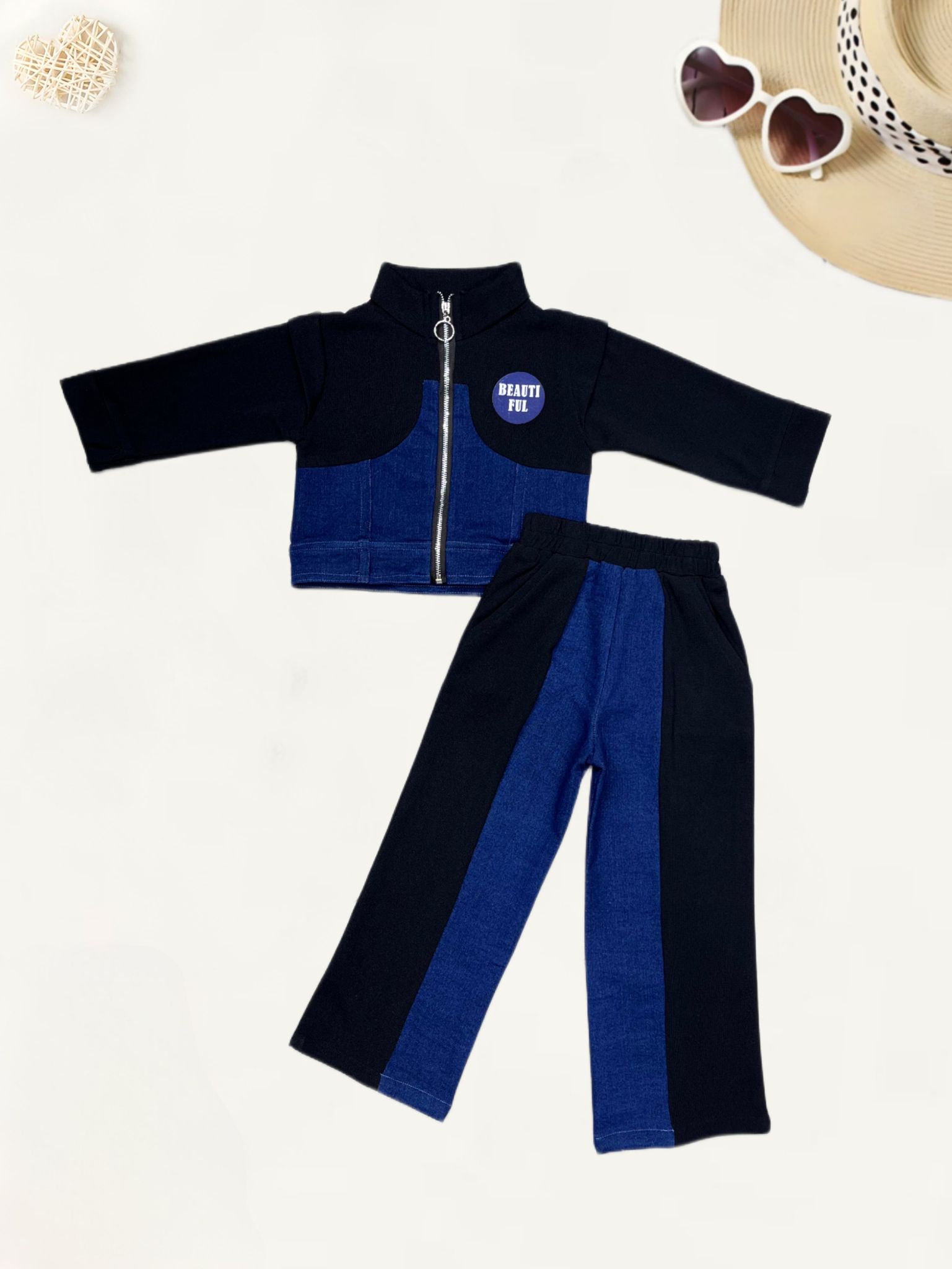 Girls Imported Denim Co-Ord Set [GCS-3993](1 - 11 Years)-9M-12M (Size - 16) / Black / Denim