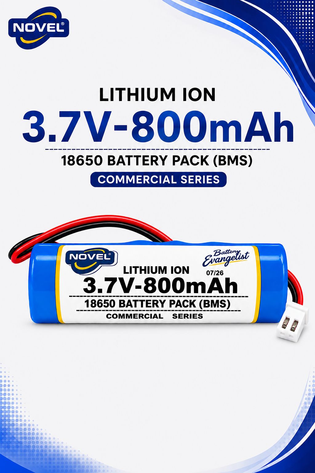 NOVEL 3.7V BMS 18650 LITHIUM ION SINGLE BATTERY WITH JST 2PIN- 800mAh