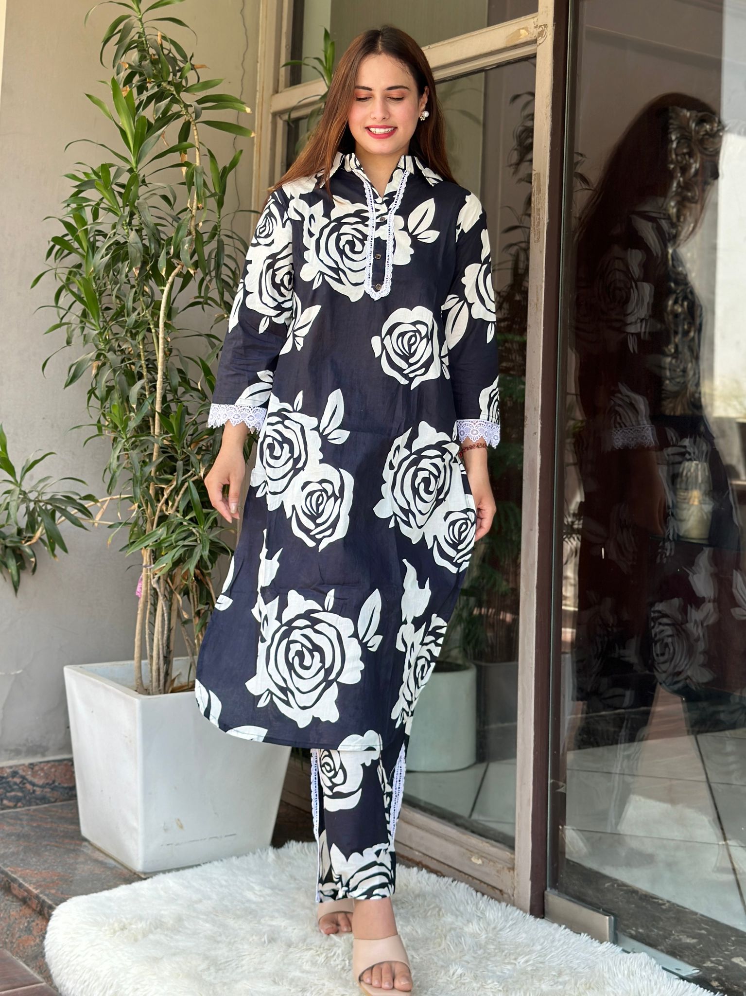 Monochrome Floral Printed Cotton Coord Set-L