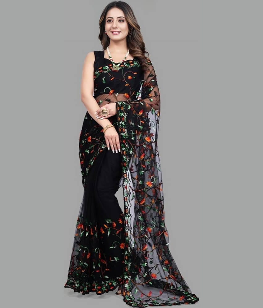 Aika Net Embroidered Saree With Unstitched Blouse Piece ( Black )