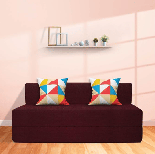 Starlon 3 Seater Sofa Cum Bed | Foldable Sofacum Bed | Jute Fabric Washable Cover Sofa (Maroon with 2 Cushion Geometrical Pattern, 6X6.5 Ft)