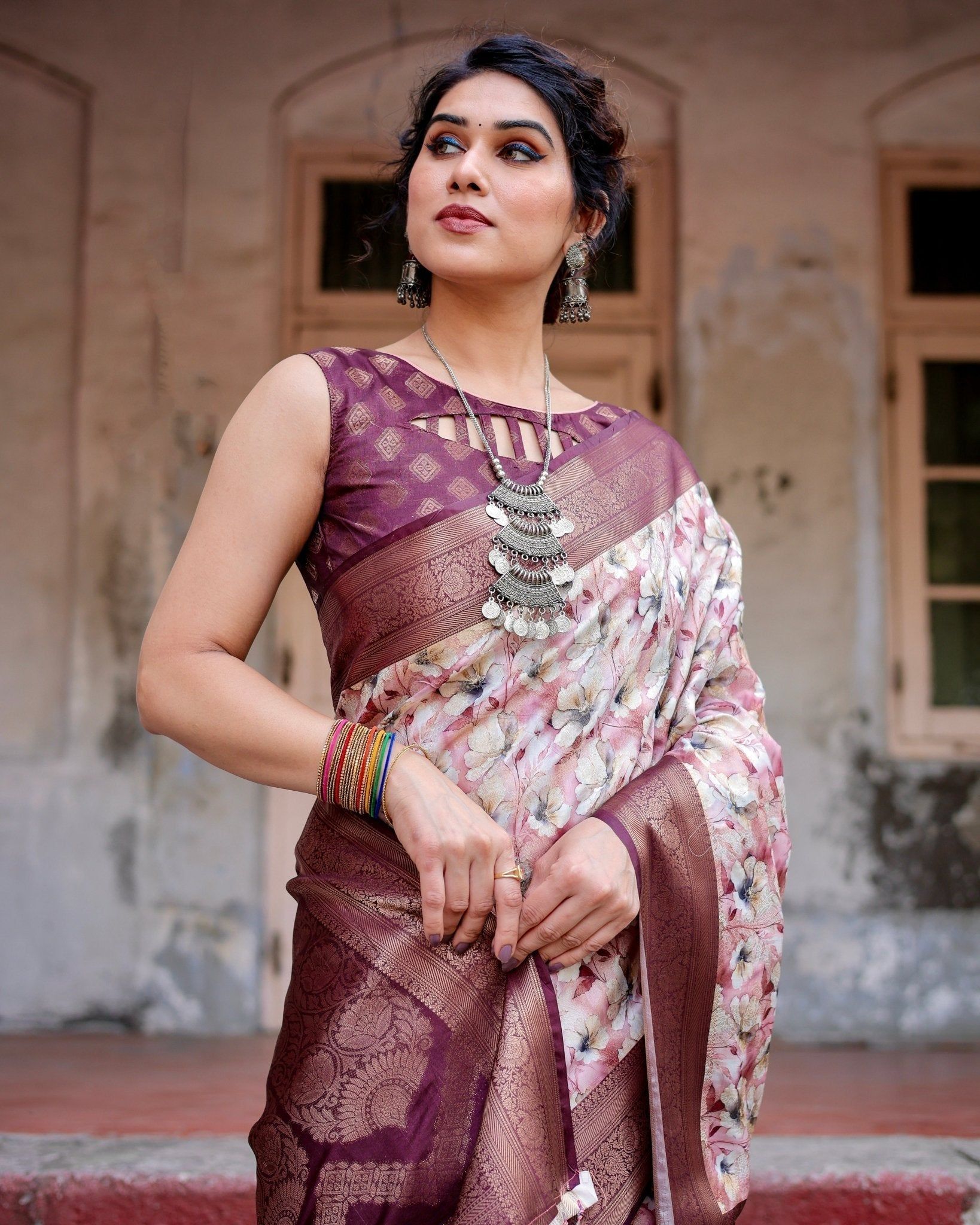 Elegant Wine Floral Banarasi Silk Saree with Zari Weave and Tassels-Regular