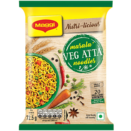 MAGGI Nutri-Licious Masala Veg Atta Noodles - Herbs & Spice Blend, Iron & Fibre Rich, 72.5 g Pouch MAGGI Nutri-Licious Masala Veg Atta Noodles - Herbs & Spice Blend, Iron & Fibre Rich, 72.5 g Pouch