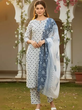Ahika White Printed Polyester Styles Women's Kurta Trousers With Dupatta