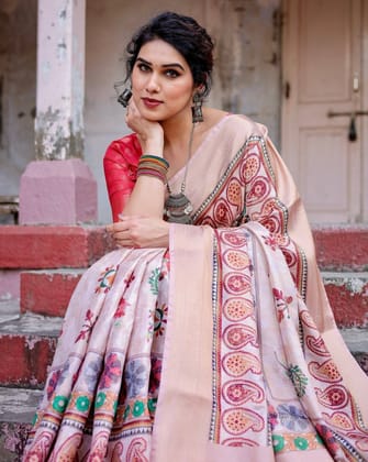 Peach Banarasi Silk Saree with Intricate Paisley and Floral Design-Regular