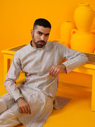 Men's Cotton Silk Sequins & Thread Work Grey Kurta with Cream Trouser-38