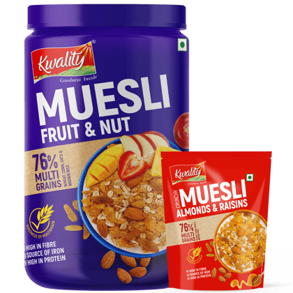 Kwality Muesli Fruit N Nuts 1Kg Jar & Muesli Crunchy Almond & Honey 100g Pouch