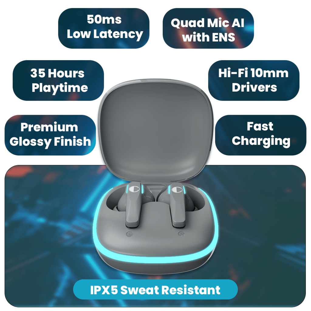 Cellecor BroPods C103 PLAY Quad Mic TWS |35H Playtime, ENC, 5.3v, 50ms Low Latency Gaming Bluetooth-Grey