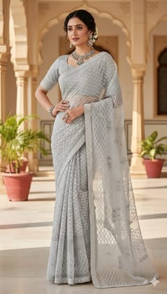 Net Sarees with moti work  | Attached blouse