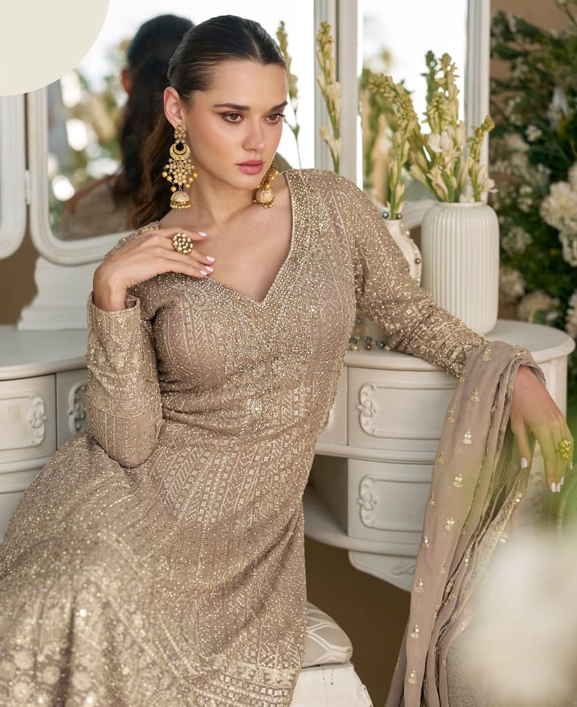 Designer Peplum Style Beige Georgette Suit Set for Women Ethnic Wear