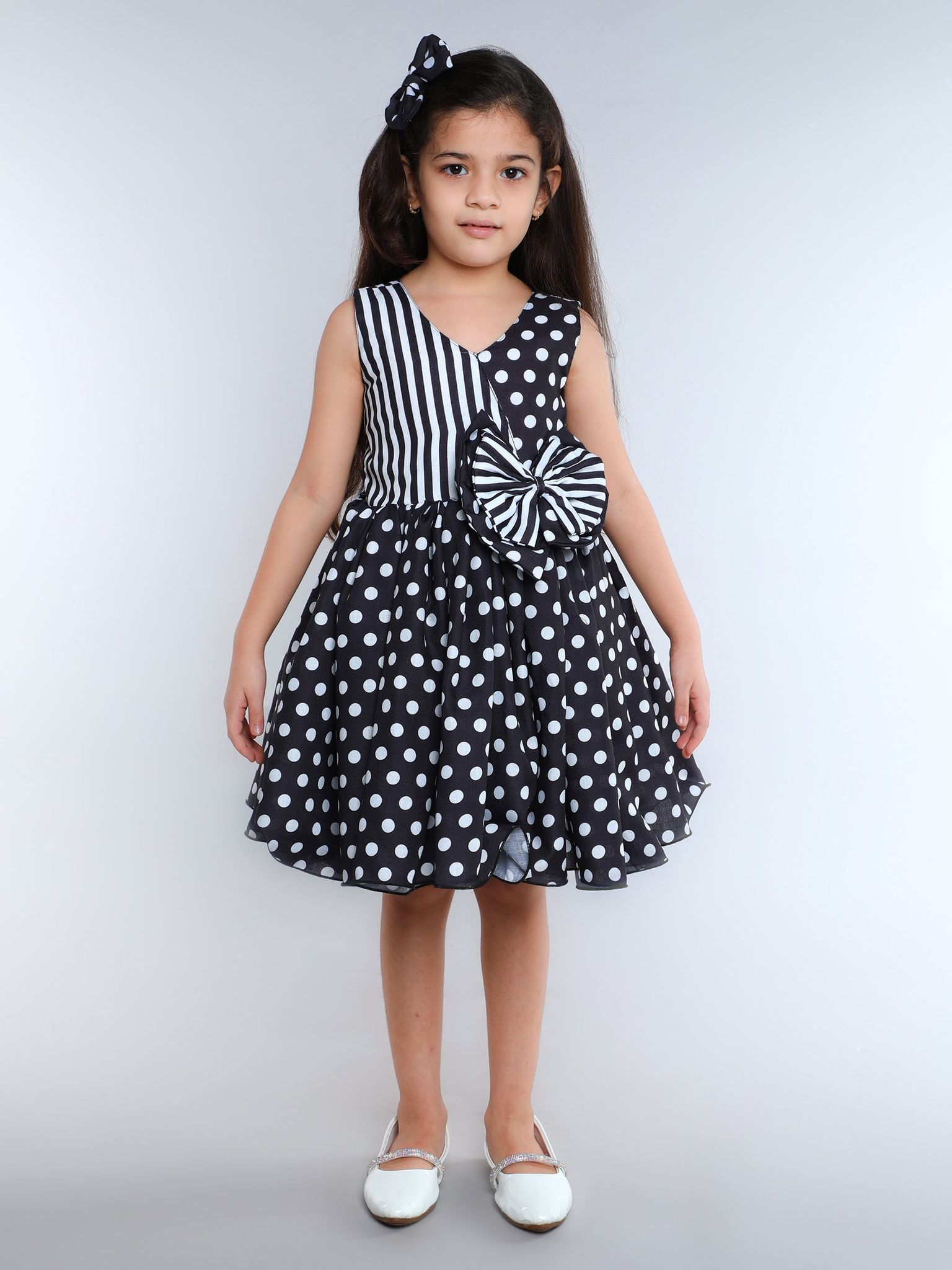 Polkadot & Stripes Cotton Dress with Matching Clip  -Black-1-2Y / Black
