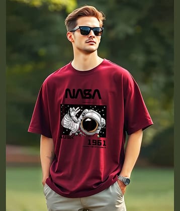 ENITOR Men Cotton Blend Oversized Fit Printed T-Shirt ( Maroon )