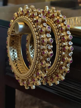 Polki and ruby stone studded circular design openable pacheli kada's (set of two)-2'4
