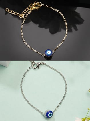 NVR Women's Set of 2 Gold & Silver Plated Evil eye Link Bracelet-Adjustable / Multi / Brass