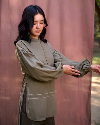 Kantha Embroidered Bishop Sleeves Top - Earthy Olive-XS