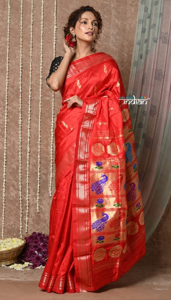 Tyohaar ~ Handloom Pure Silk  Maharani Paithani Saree with Handcrafted Peacock Lotus Pallu ~ Bright Red - Sarees | Buy online on ZillyBuy