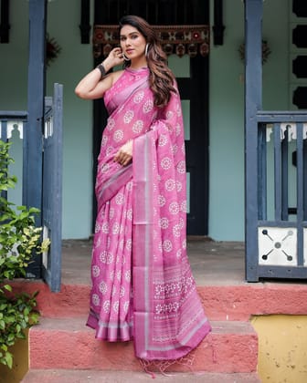 Magenta Pure Cotton Linen Saree with White Floral Block Print, Blouse, and Tassel Detailing-Regular