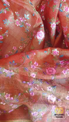 Embroidery on Tissue Linen Saree- Red Gold